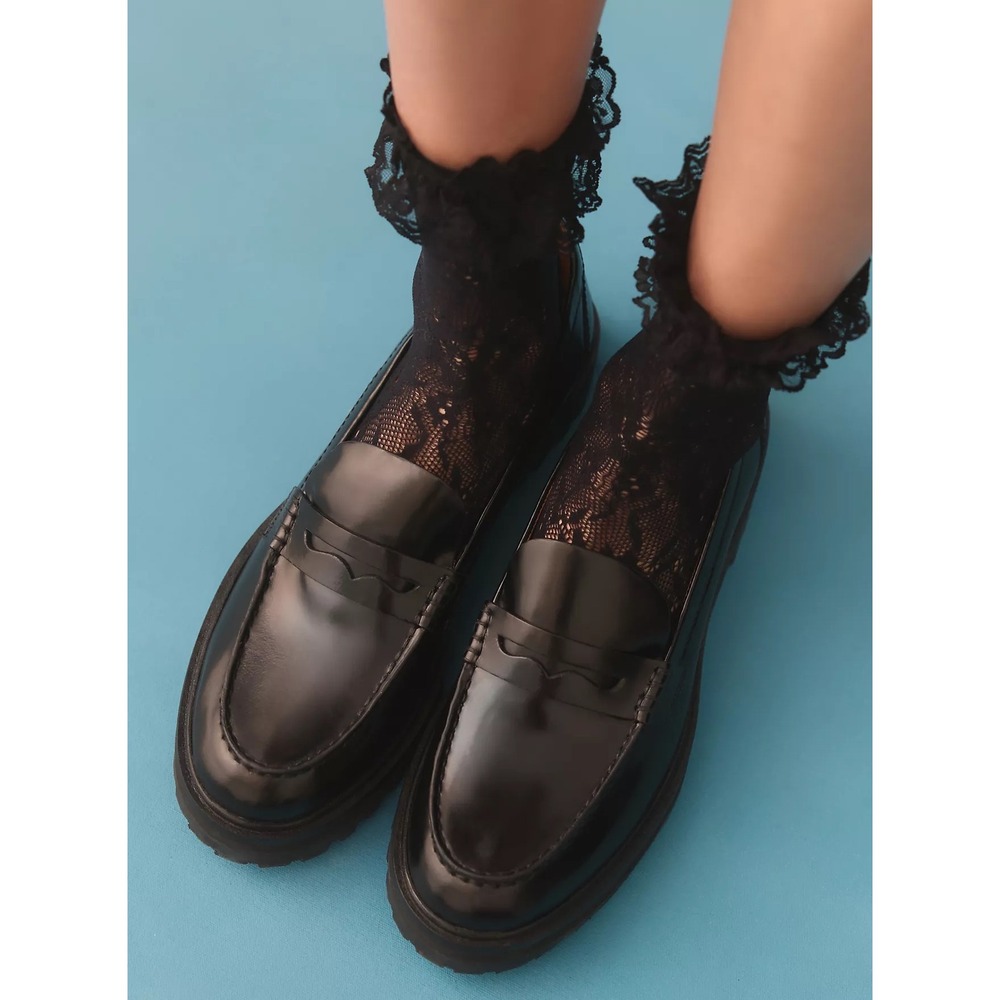 Reformation Agathea Chunky Lug Sole Penny Loafers 8 Black Leather Shoes Slip-On